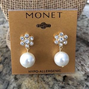 Monet, Pearl drop earrings. Flower like top. Hypo-Allergenic